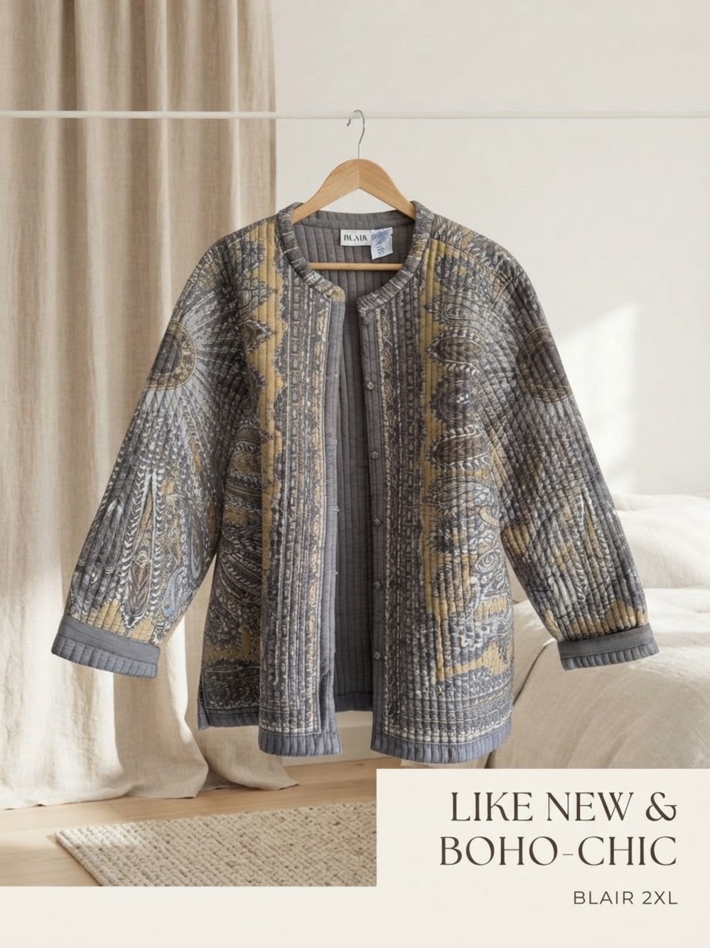 NWOT Vintage Blair Quilted Jacket Gray Gold Print Cotton Boho Cottagecore